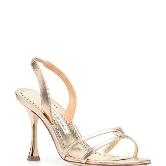 MANOLO BLAHNIK RACITA GOLD METALLIC LEATHER STRAPPY SANDAL HEEL 39/9/8.5 - Picture 6 of 9